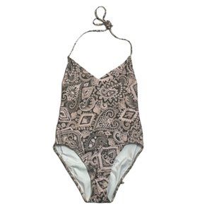 ELE Swims One Piece Swimsuit Size M Floral Geo Halter Tie Back Brown Pink